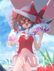 Rule 34 | afloat, beach, beach chair, blue eyes, blue hair, bracelet, cherry, cloud, coral, cup, drill hair, drink, drinking straw, english text, flower, food, fruit, glass, hair ribbon, hand fan, hat, hat ribbon, holding, holding cup, holding fan, ice, ice cream, jewelry, leaf, crossed legs, nail polish, necklace, ocean, open mouth, orange hair, outdoors, red flower, ribbon, ring, seashell, shell, smile, starfish, sun hat, sunglasses, sunlight, swimsuit, touhou, tropical, tropical drink, twin drills, yorigami jo&#039;on, yorigami shion