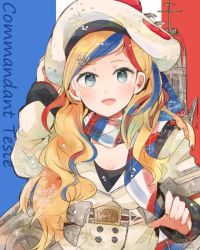Rule 34 | 10s, 1girl, :d, anchor hair ornament, bad id, bad twitter id, belt, beret, blonde hair, blue eyes, blue hair, buttons, character name, commandant teste (kancolle), double-breasted, french flag, hair ornament, hat, itomugi-kun, kantai collection, long hair, looking at viewer, machinery, matching hair/eyes, multicolored hair, open mouth, pom pom (clothes), red hair, scarf, smile, solo, streaked hair, swept bangs, white hair