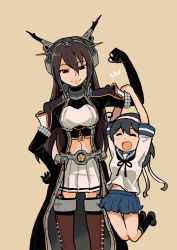 Rule 34 | 2girls, ahoge, arm guards, arm up, beige background, black hair, breasts, brown eyes, brown hair, closed eyes, coat, collar, flexing, garter straps, gloves, hachimaki, hair between eyes, hairband, hand on own hip, hanging on arm, headband, headgear, kantai collection, large breasts, long coat, long hair, looking at viewer, multiple girls, nagato (kancolle), navel, open mouth, partially fingerless gloves, pleated skirt, remodel (kantai collection), saiguchi otoufu, school uniform, serafuku, shoes, short sleeves, sidelocks, skirt, smile, socks, thighhighs, ushio (kancolle)