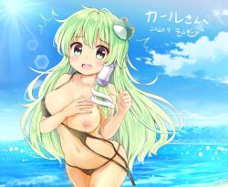 Rule 34 | 1girl, :o, bare shoulders, beach, bikini, black bikini, blush, breasts, cleavage, collarbone, commentary request, commission, day, frog hair ornament, green eyes, green hair, hair ornament, kochiya sanae, large areolae, large breasts, long hair, long sleeves, looking at viewer, navel, nipples, open mouth, outdoors, ramudia (lamyun), skeb commission, snake hair ornament, solo, standing, stomach, swimsuit, thighs, tongue, touhou, wardrobe malfunction, water