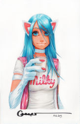 Rule 34 | 1girl, animal ears, animal hands, blue eyes, blue hair, cat ears, choker, claws, cup, dated, felicia (vampire), lips, long hair, marker (medium), matching hair/eyes, omar dogan, shirt, signature, simple background, solo, t-shirt, traditional media, vampire (game), vest