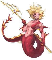Rule 34 | 1girl, absurdres, blonde hair, blue eyes, breasts, colored skin, commentary, english commentary, facial mark, fins, full body, grin, head fins, highres, holding trident, kneeless mermaid, medium breasts, mermaid, monster girl, muscular, muscular female, no eyebrows, no nipples, original, polearm, red skin, signature, smile, snoozincopter, solo, trident, weapon