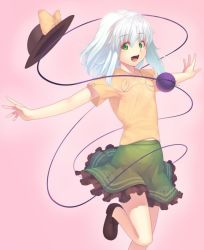 Rule 34 | 1girl, :d, adapted costume, black footwear, black hat, bow, commentary request, gradient background, green eyes, green hair, green skirt, hair between eyes, hat, hat bow, kaiza (rider000), koishi day, komeiji koishi, looking at viewer, midriff peek, miniskirt, open mouth, outstretched arms, petticoat, pink background, shirt, shoes, short hair, short sleeves, skirt, smile, solo, standing, standing on one leg, t-shirt, thighs, touhou, unworn hat, unworn headwear, yellow bow, yellow shirt