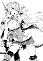 Rule 34 | 10s, 1girl, arrow (projectile), black gloves, bow (weapon), breasts, cloak, elf, fukushima masayasu, gloves, goblin slayer!, greyscale, high elf archer (goblin slayer!), highres, hood, hooded cloak, long hair, monochrome, open mouth, pointy ears, quiver, shorts, sidelocks, small breasts, thighhighs, weapon