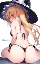 Rule 34 | 1girl, ass, ass focus, back, bare arms, bare shoulders, bikini, black bikini, blonde hair, blush, bow, braid, breasts, cleft of venus, closed mouth, commentary request, embarrassed, from behind, hakunetsu denkyu~, halterneck, hat, hat bow, highres, kirisame marisa, leaning forward, long hair, looking at viewer, medium breasts, revision, side-tie bikini bottom, side braid, single braid, sitting, skindentation, solo, string bikini, sweatdrop, swimsuit, touhou, twitter username, white bow, witch hat, yellow eyes