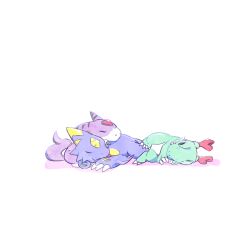 Rule 34 | claws, digicore, digimon, digimon (creature), dracomon, dragon, highres, horns, monodramon, simple background, sleeping, white background