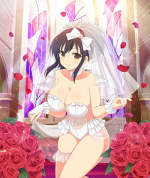Rule 34 | 1girl, asuka (senran kagura), bare hips, bare legs, bare shoulders, breasts, bridal bouquet, bridal gauntlets, bridal legwear, bridal lingerie, bridal veil, bride, cleavage, clothes lift, dress, flower, hair ribbon, large breasts, legs, legs together, lingerie, looking at viewer, petals, ponytail, revealing clothes, ribbon, rose, senran kagura, short hair, skirt, skirt lift, smile, solo, thick thighs, thighs, underwear, veil, wedding dress
