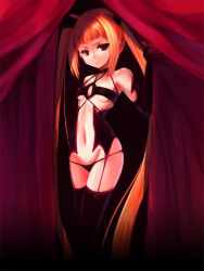 Rule 34 | 1girl, arc system works, black thighhighs, blazblue, blonde hair, breasts, choker, curtains, elbow gloves, garter straps, gloves, highres, long hair, rachel alucard, re-so, red eyes, small breasts, solo, thighhighs, twintails, underboob