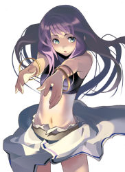 Rule 34 | 1girl, bracelet, foreshortening, green eyes, jewelry, long hair, midriff, navel, original, outstretched arms, purple hair, skirt, solo, sports bra, wakaba sprout