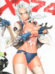 Rule 34 | 1girl, absurdres, breasts, female focus, gloves, gun, highres, kiba mikoto, long hair, official art, panties, satou shouji, solo, standing, torn clothes, triage x, underwear, weapon, white background, white hair, yellow eyes