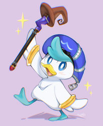 Rule 34 | bad id, bad pixiv id, blue eyes, blue hat, blush, bracelet, bright pupils, brown hat, commentary, cosplay, creatures (company), donald duck, donald duck (cosplay), game freak, hat, highres, holding, holding staff, jewelry, kingdom hearts, leg up, looking at viewer, nintendo, no humans, open mouth, pokemon, pokemon (creature), purple background, quaxly, signature, smile, solo, sparkle, staff, tongue, vinetsu, white pupils, zipper, zipper pull tab