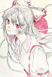 Rule 34 | 1girl, absurdres, arm strap, bow, closed mouth, collared shirt, commentary, fujiwara no mokou, grey hair, hair between eyes, hair bow, highres, juliet sleeves, long hair, long sleeves, looking at viewer, navybluesparrow, painting (medium), pants, pink shirt, puffy sleeves, red bow, red eyes, red pants, shirt, smile, solo, split mouth, suspenders, touhou, traditional media, two-tone bow, upper body, watercolor (medium), white background, white bow