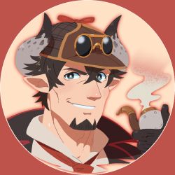 Rule 34 | 1boy, bad id, bad pixiv id, barawa, black eyes, brown hair, close-up, draph, facial hair, goatee, granblue fantasy, hat, highres, horns, looking at viewer, male focus, manly, pointy ears, portrait, profile picture, round image, smith (ardp13), smoking pipe, solo