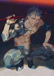 Rule 34 | 1boy, blue hair, bodysuit, crescent, crescent necklace, cu chulainn (fate), cu chulainn (fate/stay night), cu chulainn (second ascension) (fate), detached sleeves, earrings, fate/grand order, fate/stay night, fate (series), gae bolg (fate), igote, jewelry, looking at viewer, male focus, manly, necklace, official alternate costume, open clothes, over shoulder, polearm, red eyes, rei (sanbonzakura), shirt, single bare shoulder, solo, spear, squatting, topless male, weapon, weapon over shoulder