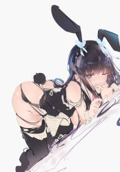 absurdres animal_ears blue_eyes hair_ribbon heart heart-shaped_pupils highres long_hair no_bra on_hands_and_knees one_eye_closed open_mouth rabbit_ears rabbit_tail ribbon shimicha simple_background symbol-shaped_pupils tail thighhighs torn_clothes