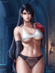 Rule 34 | 1girl, absurdres, black gloves, black hair, black panties, breasts, brown eyes, eye contact, final fantasy, final fantasy vii, final fantasy vii remake, flowerxl, gauntlets, gloves, hair ornament, highres, hip focus, large breasts, lips, long hair, looking at another, looking at viewer, navel, panties, pussy visible through panties, red gloves, shirt, smile, solo, standing, thighs, tifa lockhart, toned female, underboob, underwear, bad tag, white shirt