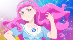 Rule 34 | 1girl, aozora middle school uniform, blouse, blue eyes, blue hairband, blue shirt, collarbone, fuchi (nightmare), hairband, laura la mer, looking at viewer, multicolored background, pink hair, precure, sailor collar, school uniform, serafuku, shirt, short sleeves, smile, solo, tropical-rouge! precure, upper body, wavy hair, white sailor collar