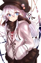 Rule 34 | 10s, 1girl, absurdres, alternate costume, alternate hairstyle, black hat, black skirt, blue eyes, commentary request, hand in pocket, hat, hibiki (kancolle), highres, jacket, kantai collection, long hair, long sleeves, low-tied long hair, pleated skirt, ranf, silver hair, skirt, solo, white background, white jacket