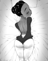 Rule 34 | 1girl, arched back, ass, ass focus, athletic leotard, back, backless leotard, ballerina, ballet, bed, bed sheet, closed eyes, commentary, dark-skinned female, dark skin, double bun, frilled leotard, frills, from behind, greyscale, hair bun, hair up, highres, indoors, kneepits, leotard, lips, looking back, monochrome, narrow waist, on bed, original, pantyhose, parted hair, parted lips, pillow, sakayouji, shoulder blades, skin tight, thighs, tight clothes, very dark skin, wedgie
