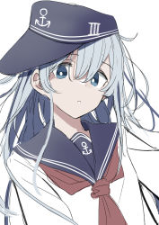 Rule 34 | 1girl, absurdres, anchor symbol, black hat, black sailor collar, blue eyes, flat cap, hair between eyes, hat, hibiki (kancolle), highres, kantai collection, long hair, long sleeves, neckerchief, parted lips, red neckerchief, sailor collar, school uniform, serafuku, silver hair, simple background, solo, tetuw, upper body, white background