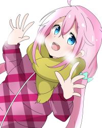 Rule 34 | 1girl, ahoge, blue eyes, blush, eyebrows, hair ornament, highres, kagamihara nadeshiko, long hair, looking at viewer, open hand, open mouth, pink hair, scarf, simple background, solo, standing, teeth, white background, yurucamp