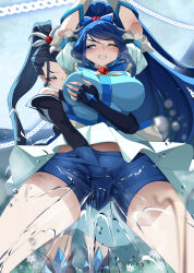 Rule 34 | 2girls, arms up, blue hair, breasts, clenched teeth, from behind, grabbing, grabbing from behind, hand in pants, hand under clothes, highres, large breasts, long hair, monobe yuri, multiple girls, ponytail, pussy juice, restrained, ribbon, shorts, skirt, spread legs, standing, teeth, yuri