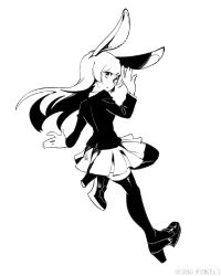 Rule 34 | 1girl, animal ears, rabbit ears, closed mouth, from behind, full body, greyscale, hand up, high heels, highres, jacket, loafers, long hair, long sleeves, looking at viewer, looking back, monochrome, pleated skirt, reisen udongein inaba, ruukii drift, shoe soles, shoes, simple background, skirt, solo, thighhighs, touhou, white background