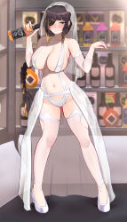 Rule 34 | 1girl, absurdres, alcohol, alternate costume, bare shoulders, black hair, blonde hair, blunt bangs, blush, bottle, braid, braided ponytail, breasts, bridal veil, cleavage, collarbone, eyepatch, full body, girls&#039; frontline, hands up, highres, holding, holding bottle, jack daniel&#039;s, large breasts, long hair, looking at viewer, m16a1 (girls&#039; frontline), mole, mole under eye, mole under mouth, navel, one eye covered, popoman, see-through, solo, standing, thighhighs, thighs, veil, white footwear, white headwear, white thighhighs, yellow eyes