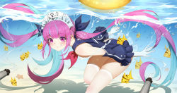 Rule 34 | 1girl, absurdres, azur lane, blue one-piece swimsuit, blunt bangs, bubble, chinese commentary, closed mouth, colored inner hair, commentary request, crossover, detached sleeves, fish, gloves, highres, hololive, innertube, leaning forward, leg up, looking at viewer, maid headdress, minato aqua, multicolored hair, one-piece swimsuit, purple hair, shadow, sidelocks, solo, standing, standing on one leg, streaked hair, swim ring, swimsuit, thighhighs, torpedo, twintails, underwater, virtual youtuber, white gloves, white thighhighs, xiaoxiao nanjue buyaokeng