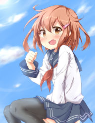 Rule 34 | 10s, 1girl, black thighhighs, brown eyes, brown hair, chigusa, clenched hand, cloud, day, fang, hair ornament, hairclip, highres, ikazuchi (kancolle), kantai collection, long sleeves, open mouth, personification, school uniform, serafuku, short hair, skirt, sky, solo, thighhighs