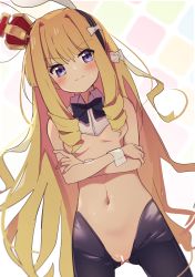 Rule 34 | absurdres, alternate costume, animal ears, areola slip, azur lane, bar censor, bare shoulders, black bow, black bowtie, blonde hair, bow, bowtie, breasts, censored, closed mouth, commentary request, crossed arms, crown, detached collar, fake animal ears, frown, gluteal fold, hair bow, hair censor, hairband, has bad revision, highres, long hair, meme attire, mini crown, navel, purple eyes, pussy, queen elizabeth (azur lane), rabbit ears, reverse bunnysuit, reverse outfit, sidelocks, small breasts, solo, stomach, suwakana, sweat, white bow, wrist cuffs