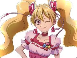 Rule 34 | 1girl, blonde hair, choker, commentary request, cure peach, dress, earrings, eyelashes, fpminnie1, fresh precure!, hair ornament, happy, heart, heart earrings, heart hair ornament, highres, jewelry, long hair, looking at viewer, magical girl, momozono love, one eye closed, pink dress, pink eyes, precure, puffy short sleeves, puffy sleeves, short sleeves, simple background, sketch, smile, solo, twintails, white background
