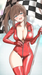 Rule 34 | 1girl, absurdres, asymmetrical bodysuit, blue eyes, bodysuit, breasts, brown hair, checkered flag, cleavage, commission, cowboy shot, cropped jacket, flag, flagpole, front zipper, hair between eyes, hand on own hip, head tilt, high collar, highres, holding, holding flag, jacket, large breasts, long hair, looking at viewer, open mouth, original, race queen, red bodysuit, side ponytail, sidelocks, single thighhigh, smile, solo, straight-on, thigh gap, thighhighs, twin (tt lsh), unzipped, white jacket, wide hips