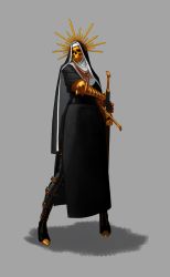 Rule 34 | 1girl, absurdres, armor, black footwear, boots, crack, dgk, gauntlets, gold, grey background, highres, holding, holding sheath, holding sword, holding weapon, jewelry, mask, necklace, nun, original, scabbard, sheath, sheathed, simple background, skull, skull mask, solo, spikes, standing, sword, thigh boots, thighhighs, vambraces, weapon