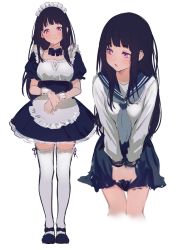 Rule 34 | 1girl, alternate costume, apron, black hair, blue footwear, blue neckwear, blue sailor collar, blue skirt, blunt bangs, blush, bow, bowtie, breasts, chitanda eru, corset, cropped legs, detached collar, dress, enmaided, frilled apron, frilled dress, frills, full body, head tilt, highres, hyouka, kamiyama high school uniform (hyouka), lips, long hair, long sleeves, looking at viewer, looking to the side, maid, maid apron, maid headdress, medium breasts, mery (yangmalgage), neckerchief, open mouth, puffy short sleeves, puffy sleeves, purple eyes, ribbon, sailor collar, school uniform, serafuku, shirt, short sleeves, sidelocks, simple background, skirt, smile, standing, straight hair, tareme, thighhighs, v arms, waist apron, white background, white shirt, white thighhighs, wrist cuffs