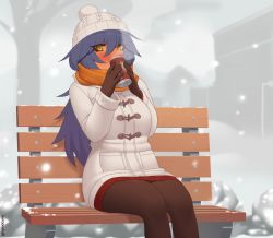 Rule 34 | 1girl, artist name, bench, black hair, blush, brown gloves, brown pantyhose, can, canned coffee, chinatsu (kuroonehalf), coat, commentary, commission, dark-skinned female, dark skin, day, drink can, drinking, english commentary, eyes visible through hair, gloves, hair between eyes, hat, holding, holding can, kuroonehalf, long hair, long sleeves, looking at viewer, original, outdoors, pantyhose, pom pom (clothes), red skirt, sitting, skirt, snow, snowing, solo, steam, white coat, winter, winter clothes
