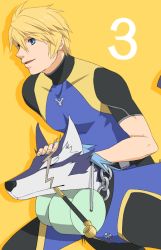 Rule 34 | 00s, 1boy, alternate costume, blonde hair, blue eyes, celestial s, countdown, diving suit, dog, flynn scifo, male focus, official alternate costume, pii (celestial songs), repede (tales), skin tight, smile, tales of (series), tales of vesperia, yellow background