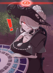 Rule 34 | !, 1girl, :q, alpha pokemon, alternate breast size, black choker, black dress, black hat, blush, breast hold, breast rest, breasts, chair, choker, cleavage, closed mouth, cogita (pokemon), collarbone, commentary request, creatures (company), cropped jacket, dress, eyelashes, flower, from above, game freak, gameplay mechanics, gloves, glowing, glowing eyes, grey hair, hair over one eye, hand up, hat, hat flower, highres, huge breasts, jacket, kurachi mizuki, licking lips, looking at viewer, mature female, medium hair, nintendo, open clothes, open jacket, outdoors, pokemon, pokemon legends: arceus, red eyes, short hair, sitting, smile, solo, table, tongue, tongue out, white flower, white gloves
