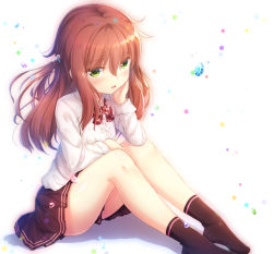 Rule 34 | 1girl, black skirt, black socks, blush, bow, breasts, brown hair, collared shirt, commentary request, dress shirt, green eyes, hair between eyes, hand up, highres, knees up, long hair, looking at viewer, original, parted lips, pleated skirt, red bow, school uniform, shadow, shirt, shizukawashi sumi, sitting, skirt, small breasts, socks, solo, white background, white shirt
