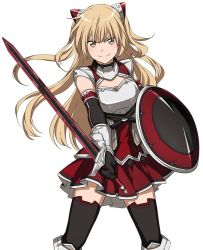 Rule 34 | 10s, 1girl, armor, black gloves, black thighhighs, breastplate, breasts, brown eyes, brown hair, character request, cowboy shot, elbow gloves, floating hair, gloves, holding, holding sword, holding weapon, long hair, looking at viewer, miniskirt, pleated skirt, red skirt, shield, simple background, skirt, small breasts, smile, solo, standing, sword, sword art online, thighhighs, very long hair, weapon, white background, zettai ryouiki