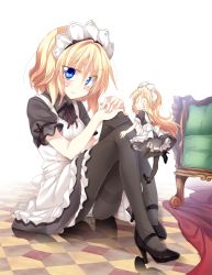Rule 34 | 1girl, alice margatroid, alternate costume, apron, ass, back, black pantyhose, blonde hair, blue eyes, blush, bow, checkered floor, colorized, doll, enmaided, high heels, highres, ina (inadahime), long hair, looking at viewer, looking back, maid, maid apron, maid headdress, mary janes, matching shanghai, on floor, panties, panties under pantyhose, pantyhose, puffy sleeves, ribbon, satou kibi, shanghai doll, shirt, shoes, short hair, short sleeves, simple background, sitting, skirt, skirt set, sweatdrop, thighhighs, touhou, underwear, white background, white panties
