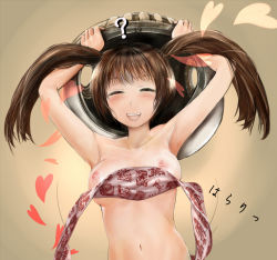 Rule 34 | 1girl, ?, armpits, arms up, bandeau, breasts, brown hair, capcom, character request, cleavage, closed eyes, heart, large breasts, long hair, monster hunter (series), monster hunter frontier, navel, nipples, smile, solo, twintails, wardrobe malfunction, zi-dabu