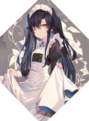 Rule 34 | 1girl, apron, black hair, blue neckwear, border, buttons, closed mouth, collared shirt, floral background, frills, hair between eyes, highres, holding, juliet sleeves, long hair, long sleeves, looking at viewer, maid, maid apron, maid headdress, one eye closed, puffy sleeves, ribbon, shirt, skirt hold, solo, soya (torga), standing, twintails, white apron, white border, white shirt, yellow eyes