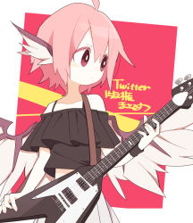 Rule 34 | 1girl, aida (aidia), animal ears, bare shoulders, border, clothing request, commentary request, electric guitar, feathered wings, guitar, highres, holding, instrument, mystia lorelei, pink eyes, pink hair, short hair, solo, touhou, upper body, white border, wings, wristband