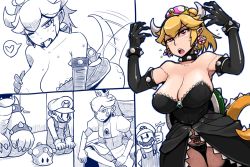 Rule 34 | 2boys, 2girls, anger vein, angry, armlet, bare shoulders, black dress, black gloves, black panties, blonde hair, blush, bowser, bowsette, bracelet, breasts, cleavage, collar, collarbone, comic, dress, dual persona, earrings, elbow gloves, gloves, heart, horns, jewelry, kneeling, large breasts, looking up, mario, mario (series), misonou hirokichi, monochrome, multiple boys, multiple girls, nintendo, open mouth, panties, ponytail, princess peach, puffy short sleeves, puffy sleeves, red eyes, short sleeves, spiked armlet, spiked bracelet, spiked collar, spiked shell, spiked tail, spikes, spoken heart, strapless, super crown, tail, teeth, tongue, underwear, upper teeth only
