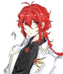 Rule 34 | 1boy, bad id, bad twitter id, black shirt, brooch, collared shirt, diluc (genshin impact), eyes visible through hair, formal, genshin impact, hair between eyes, highres, hyr dr, jacket, jewelry, long hair, male focus, necktie, open clothes, open jacket, red eyes, red hair, shirt, sidelocks, signature, simple background, solo, suit, upper body, white background, white jacket