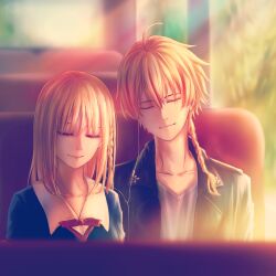 Rule 34 | 1boy, 1girl, ahoge, artist name, black jacket, blonde hair, bloom, blurry, braid, bus interior, closed eyes, closed mouth, depth of field, earphones, fate/strange fake, fate (series), grey shirt, highres, jacket, leather, leather jacket, light smile, open clothes, open jacket, richard i (fate), sajou ayaka (fate/strange fake), shared earphones, shirt, short hair, smile, tiarii art, upper body