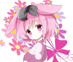Rule 34 | 1girl, animal ears, bad id, bad pixiv id, black bow, blush, bow, commentary request, floral background, from side, hair bow, head tilt, looking at viewer, looking to the side, original, pink eyes, pink hair, pink sweater, rabbit ears, short hair, solo, sweater, tareme, tsukiyo (skymint), upper body