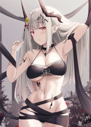 Rule 34 | 1girl, arknights, armpits, artist name, bikini, black bikini, blush, breasts, closed mouth, cowboy shot, demon horns, gluteal fold, hand in own hair, hands up, highres, horns, infection monitor (arknights), jewelry, keenh, long hair, looking at viewer, medium breasts, mudrock (arknights), mudrock (silent night) (arknights), navel, necklace, official alternate costume, pointy ears, red eyes, solo, strap gap, swimsuit, thigh gap, white hair