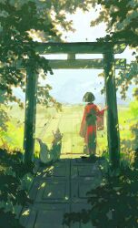 Rule 34 | 1girl, absurdres, blue sky, brown hair, collar, cui (jidanhaidaitang), dappled sunlight, day, dog, facing away, falling leaves, grass, highres, japanese clothes, kimono, leaf, long sleeves, mountainous horizon, original, outdoors, painterly, path, red collar, red kimono, rice paddy, road, short hair, sky, solo, standing, sunlight, torii, tree, white dog, wide sleeves